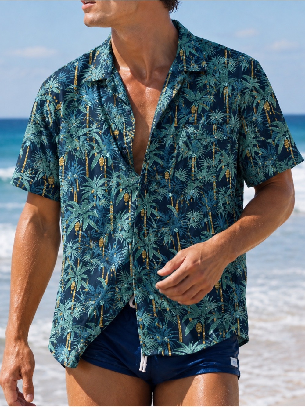 Original Deluxe Supply Short-Sleeve Button-Down Shirt -Teal & Navy Banana Palm